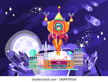 Vector spaceport with rocket, control room and radio tower. Science cosmic base, rocket or spaceship ready to launch for game ui