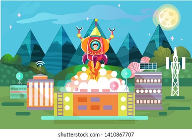Vector spaceport with rocket, control room and radio tower. Science cosmic base, rocket or spaceship ready to launch for game ui
