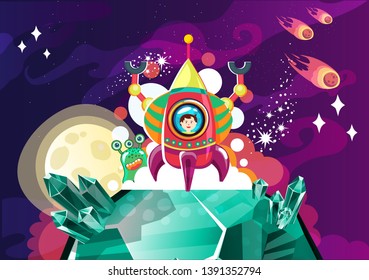 Vector spaceport with rocket. Science cosmic base, rocket or spaceship ready to launch for game ui