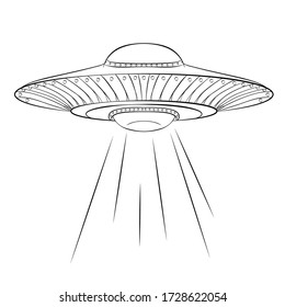 Vector espacial. Ilustración vectorial dibujada a mano de la nave espacial OVNI aislada en fondo blanco. Objeto espacial de ciencia.