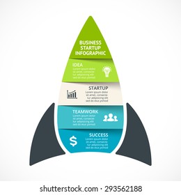 Vector spaceship infographic. Rocket template for growth diagram, graph, presentation and progress chart. Business startup concept with 4, 5 options, parts, steps or processes. From idea to success.