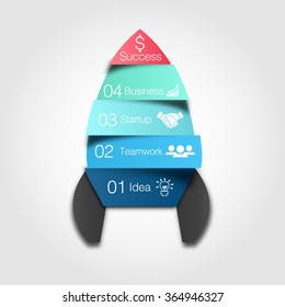 Vector spaceship infographic. Rocket template for growth diagram, graph, presentation and progress chart. Business startup concept with 5 options, parts, steps or processes. From idea to success.