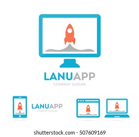 Vector spaceship and phone logo combination. Rocket and mobile symbol or icon. Unique target and science logotype design template.