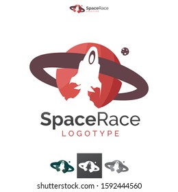 Vector, Spaceship Planet Launch Logo. Modern & Cute Universe, Corporate Identity, Graphic Design Illustration, Icon.