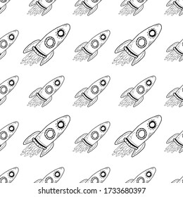 Vector spaceship seamless cartoon pattern. Black and white hand drawn doodles with spaceship, rocket for paper, textile, handmade decoration, scrap-booking, polygraphy, cards.