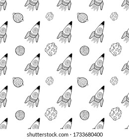 Vector spaceship seamless cartoon pattern. Black and white hand drawn doodles with spaceship, rocket, planets for paper, textile, handmade decoration, scrap-booking, polygraphy, cards.