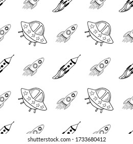 Vector spaceship seamless cartoon pattern. Black and white hand drawn doodles with spaceship, rocket for paper, textile, handmade decoration, scrap-booking, polygraphy, cards.