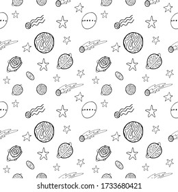 Vector spaceship seamless cartoon pattern. Black and white hand drawn doodles with planets, stars and galaxy for paper, textile, handmade decoration, scrap-booking, polygraphy, cards.
