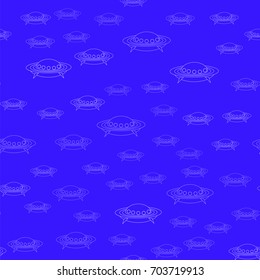 Vector Spaceship Seamless Pattern on Blue. Spacecraft Background. Aliens Fly on Flying Saucer