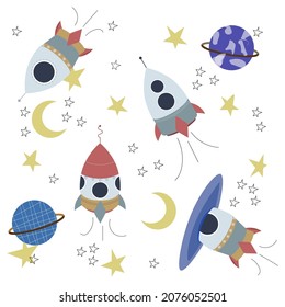 Vector of spaceship, Spacecraft, Rocket, planet, stars. Set of cute and colorful icon collection isolated on white background. Sticker collection.
