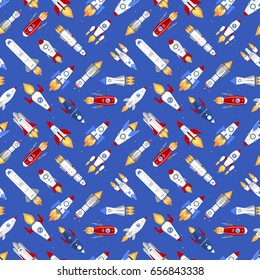 Vector spaceship technology ship rocket space vehicle shuttle cartoon seamless pattern background