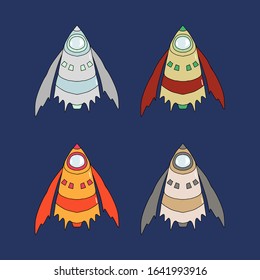 Vector spaceships set. Cartoon flat style. Design elements for user interface and gaming. 
