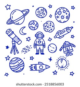 Vector space-themed illustration with planets, astronaut, rocket, and telescope. Perfect for educational projects, space exploration concepts, and science-themed designs for kids