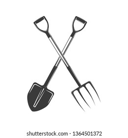 Vector spade and pitchfork sign, element, emblem logo for shop, market, garden equipment