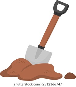 Vector spade stuck in ground illustration isolated on white background. Flat shovel icon with wooden handle. Vector garden, camping, archaeologist or paleontologist tool or equipment

