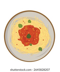 vector spaghetti.  illustration with bolognese pasta on a white plate with a portion of minced meat sauce and tomatoes. 