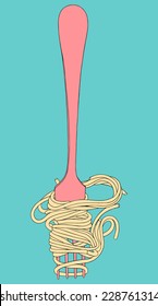 Vector spaghetti on the fork. Cartoon hand drawn pasta illustration for kitchen and cafe. Image is cropped with clipping mask and contains the whole fork 