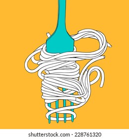 Vector spaghetti on the fork. Cartoon hand drawn pasta illustration for kitchen and cafe. Image is cropped with clipping mask and contains the whole fork 