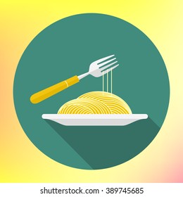 Vector Spaghetti On Fork Flat Vector Icon. Italian Pasta Macaroni. Icon Of Bowl With Noodle And Fork. Noodle On The Dish And Twirling On A Fork 