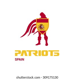 Vector Spain Flag Patriots Soldier Logo. Mascot Character Design. Memorial Day Army man with Shield. Vector Freedom Leader Logo illustration