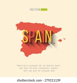 Vector spain map in flat design. Spanish border and country name with long shadow.