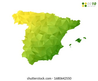 Vector Spain map green and yellow polygon triangle mosaic with white background. style gradient.