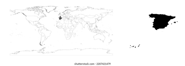 Karte von Vektor Spanien, die die Lage des Landes auf der Weltkarte und die Karte von Spanien auf weißem Hintergrund zeigt. Die Datei eignet sich für die digitale Bearbeitung und Drucke aller Größen.