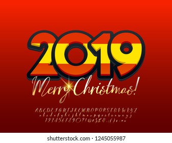 Vector Spain style greeting card Merry Christmas 2019. Calligraphic golden Alphabet Letters, Numbers and Symbols. Beautiful Font.