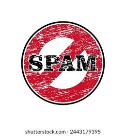 Vector spam stamp. Spam circle stamp with grunge texture in colorful red and black color isolated on white background. Ink texture. Dirty old sign. Scratched and Grimy label, icon and tag. Vector