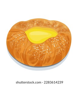 Vector spandauer, pan danés tradicional, dulces escandinavos, ilustración de puff donut con crema de vainilla.