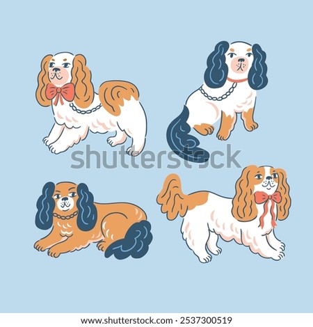 vector Spaniel dog illustration. Cavalier king charles spaniel cute hand drawn style isolated on light blue background. Funny spaniel dog print design.