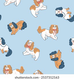 Vector Spaniel perro sin patrón. Cavalier rey charles spaniel lindo estilo dibujado a mano aislado sobre fondo azul claro. Diseño divertido de impresión de repetición de perro spaniel.