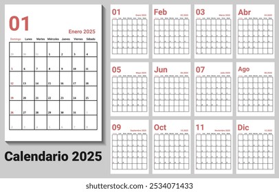 Vetor do calendário espanhol 2025.week começar no domingo. Domingo como fim de semana. Modelo de calendário com orientação vertical ou Retrato. Tamanho do calendário Compatível com o formato A4. todas as camadas foram rotuladas.