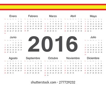 Vector Spanish circle calendar 2016. Week starts from Sunday.