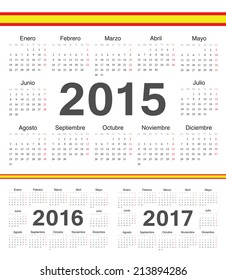 Vector spanish circle calendars 2015, 2016, 2017. Week starts from Monday.