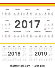 Vector spanish circle calendars 2017, 2018, 2019. Week starts from Sunday.