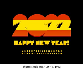 Vector Spanish Greeting Card Happy New Year 2022! Bright Alphabet Letters and Numbers set. Creative 3D Font