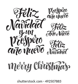 Vector Spanish Merry Christmas and Happy New Year text. "Feliz Navidad y un Prospero Ano Nuevo" lettering for invitation, greeting card, prints. Hand drawn holidays calligraphy