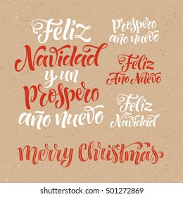 Vector Spanish Merry Christmas and Happy New Year text. "Feliz Navidad y un Prospero Ano Nuevo" lettering for invitation, greeting card, prints. Hand drawn holidays calligraphy