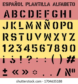 Vector Spanish stencil alphabet font numbers and punctuation marks Layers good separated