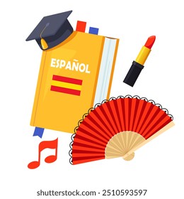 Símbolos em espanhol vetorial incluem leque vermelho, batom brilhante, livro educacional espanhol, notas musicais isoladas sobre fundo branco.