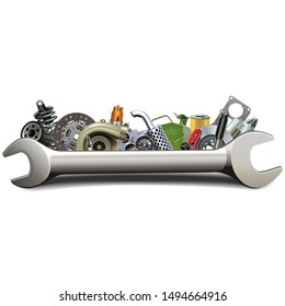 Vector Spanner with Car Parts isolated on white background