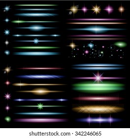 Vector Sparkle Collection with a lot of different Shapes: circolar lightning , point of lights, sparkle bars, cross sparkles. Ready to copy and past on whatever background