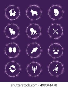 Vector sparkle icon set. Zodiac signs in round starry frames. Blur shine on dark blue background. Elements for design.