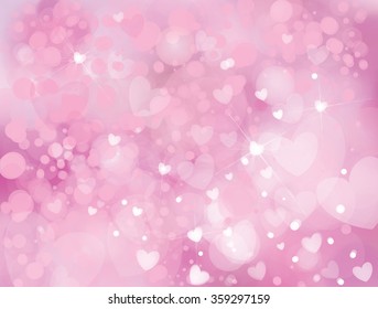 Vector sparkle, pink background with hearts, lights and stars.