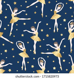 Vector sparkle seamless pattern with stars and cute cartoon ballerinas in gold glitter tutu dresses on blue background. Ballet dance illustration