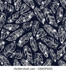 Vector sparkle vintage seamless pattern with hand drawn silver glitter feathers on blue background