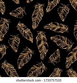 Vector sparkle vintage seamless pattern with hand drawn gold glitter feathers silhouettes on black background 