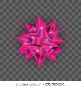 Vector sparkles glitter beautiful pink ribbon bow isolated on realistic decorative white background.