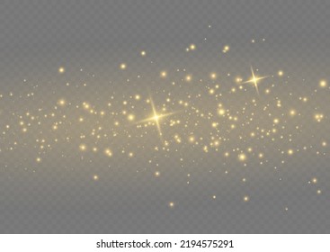 Vector sparkles on a transparent background. Gold dust. Yellow sparks shine light effect. Christmas abstract smoke and wind pattern. Shiny fairy dust particles with smoke and star in yellow color.